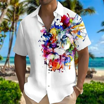 Aslan Erkek Gömlek Renkli Moda Hayvan 3d Baskı havai gömleği Günlük Caucal Gömlek Erkekler yazlık gömlek Hip Hop Erkek Giyim