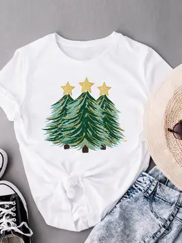 Ağacı Suluboya Sevimli Giysiler Giyim Kadın Moda Noel Yeni Yıl Tatil Tee Baskı Grafik Kısa Kollu T Kadın T-Shirt
