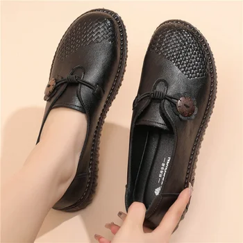 Bahar Düğmesi Flats Deri Moccasins Kadın Ayakkabı Tasarımcısı Örgülü Loafer'lar Mary Jane Ayakkabı Bayanlar Siyah Moccasins Kadın Kayma Ons