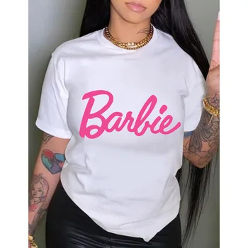 Barbie Mektup Baskılı T Shirt Moda Bayanlar Pamuk Yuvarlak Boyun Kısa Kollu Y2K Kızlar Yaz Fanila Tüm Maç Üstleri Hediyeler