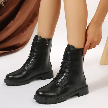 Bayan Ayakkabıları Satılık 2023 Yeni Ayak Bileği bayan Botları Klasik Modern Çizmeler Kadın Lace Up Yan Fermuar Yuvarlak Ayak Düşük Topuk Ayakkabı Kadın