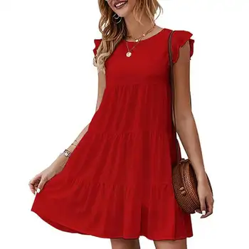 Bayanlar Elbiseler 2023 Yaz Yeni Düz Renk Yuvarlak Boyun Kısa Kollu Casual Pileli Büyük Hem Elbiseler Kadınlar için