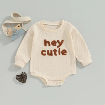 Bebek Bebek Waffle Tulum Mektup Desen Uzun Kollu Bodysuit Yenidoğan Erkek Kız Sevimli Giysiler