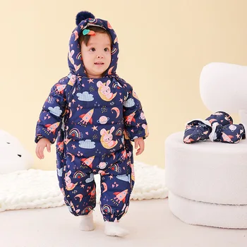 Bebek Kalınlaşmış aşağı ceket Ay Tavşan Lacivert Tek Parça Giysi Erkek Kız Çocuklar Sarılma Emekleme Giysileri Yenidoğan Takım Elbise Kış