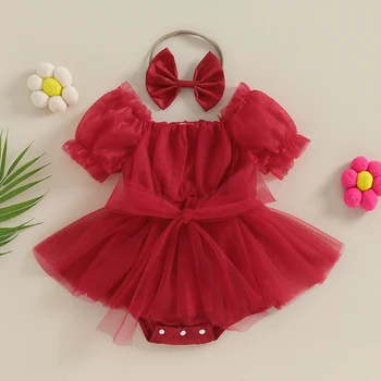 Bebek kız yaz rahat Romper elbise kısa kollu yay tül Romper kafa bandı ile
