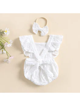 Bebek kız çiçek baskı fırfır kollu Romper ilmek Backless tasarım yaz Tulum