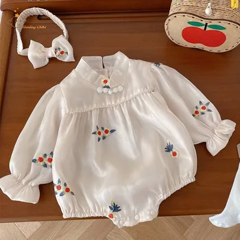 Bebek Noel Bodysuit Uzun Kollu Çiçek Nakış Prenses 1st Doğum Günü Bebek Kız Onesies Sonbahar Yenidoğan Giysileri