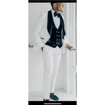 Beyaz Düğün Damat Erkek Takım Elbise 3 Adet Yeşil Kadife Yelek Özel Terno Masculino Slim Fit Erkek Smokin Damat Giyim Balo Blazer