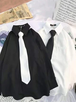 Beyaz Kadın Gömlek Moda JK Tiki Tarzı Uzun Kollu Üstleri Sonbahar Japonya Uzun Kollu Kız Harajuku Düğme Siyah Gömlek