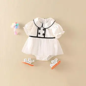 Beyaz Sevimli Peter Pan Yaka Bodysuits Bebek Kız Yaz Giyim Kısa Kollu Elbise