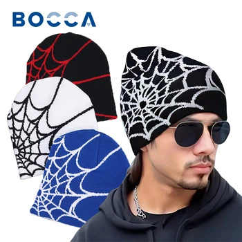 Bocca Örümcek Web Örgü Bere Şapka Y2K Kış Sıcak Kap Erkekler Kadınlar İçin Unisex Goth Hip-Hop Streetwear Moda Kazak Kafatası Şapka
