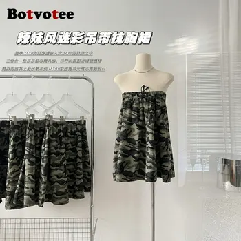 Botvotee Kolsuz Kadın Giyim Üstleri 2023 Yeni Moda Vintage Kamuflaj Gevşek Üstleri Şık Rahat Yaz Straplez Kat Üstleri