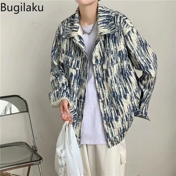 Bugılaku Batik Baskılı Denim Ceket Erkekler Gevşek Yaka Uzun Kollu Palto Erkek Yüksek Sokak Rahat Vintage Tops Sonbahar Giyim