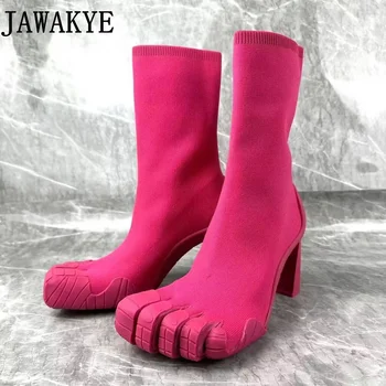 Bölünmüş Ayak Beş Burunlu ayakkabı Yüksek Topuk yarım çizmeler kadın Lüks Marka Örme Elastik Slim Fit Çorap Çizmeler Kış Elbise Ayakkabı