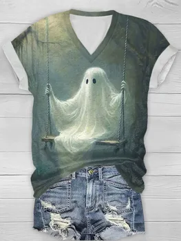Cadılar bayramı Hayalet V Yaka T-Shirt Tee 2023 Yeni Moda Kadın T Shirt Baskı Estetik Büyük Boy Kısa Kollu harajuku tişört