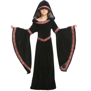 Cadılar bayramı Kostümleri Çocuklar Kızlar için Ortaçağ Cosplay Vampir Cadı Elbise Ortaçağ Karnaval Parti Performans Uzun Giyim