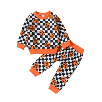 Cadılar bayramı Sonbahar Toddler Bebek Kız Giysileri Set Damalı Baskı Uzun Kollu T-shirt ve Dama tahtası Pantolon 0-3 Yıl
