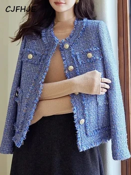 CJFHJE Uzun Kollu Mavi Püskül Kadın Mont Sonbahar Kış Kısa O-Boyun Vintage tüvit Ceketler Kadın Kore Zarif Bayan Giyim