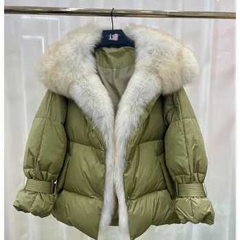 CXFS 2023 Yeni Çıkarılabilir Gerçek Doğal Tilki Kürk Yaka Ceket Kış Kadın 90 % Beyaz Ördek Aşağı Ceket Katı Sıcak Moda Streetwear