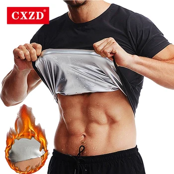 CXZD Sauna takım elbise erkekler egzersiz gömlek ter artırıcı Tank Top Premium zayıflama Shapewear bel eğitmen ısı yakalama uydurma gömlek