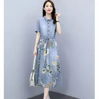 Denim Elbise kadın Yaz 2022 Yeni Moda Kore Grace Bel Çiçekler İnce Gömlek Elbise Eğlence Giyim Harajuku Elbise