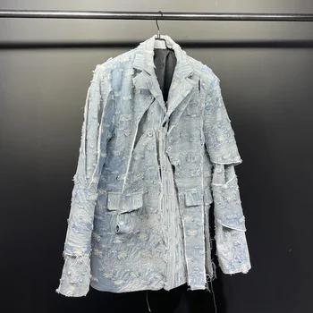 Denim Yıpranmış Kişilik erkek Ceketleri Niş Tasarım Orijinal Sokak Yüksek Kaliteli Takım Elbise Ceket Delik 2024 Bahar Moda Blazer
