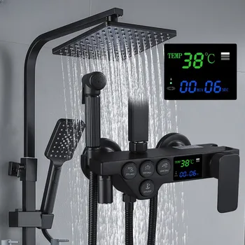 Dijital Duş Seti Banyo Sıcak Soğuk Termostatik Duş Sistemi Duvara Monte Mikser banyo musluğu Kare Kafa SPA Yağış Tam Kiti