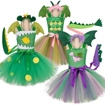Dinozor Tutu Elbise Kız Cadılar Bayramı Cosplay Kostüm Headdress ile Bebek Kız Prenses Yeni Yıl Okul Performansı Dans Takım Elbise