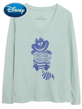 Disney Alice in Wonderland Cheshire Kedi Mektup Karikatür Baskı T-Shirt Kadın V Yaka Kazak Uzun Kollu Jumper Kazak Tee Üst