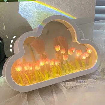 DIY Lale Gece Lambası Yumuşak Aydınlatma Titreşimsiz pille çalışan Simülasyon Çiçek Bulut Lale aynalı masa Lambası Dekorasyon