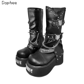 Dophee Orijinal Baharat Kız Martin Çizmeler Punk Metal Kalp Zincir Perçin platform ayakkabılar Yuvarlak Kafa Gotik Muffin Taban Şövalye Çizmeler