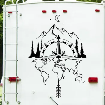 Dünya Haritası Pusula Camper Rv Duvar Sticker Seyahat Dağ Ay Orman Ok Karavan SUV Macera Duvar Çıkartması Kamp Vinil