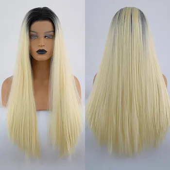 Düz Sentetik Saç Dantel ön peruk Siyah Ombre Sarışın ısıya dayanıklı iplik Doğal Saç Çizgisi Orta Ayrılık Moda Kadınlar İçin