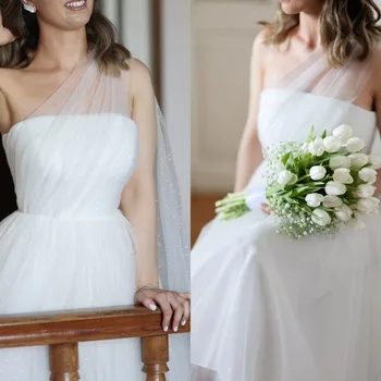 Düğün elbisesi A-Line Uzun Etek Bir Omuz Muhteşem Dantel Parlak Göz Alıcı Kolsuz Basit Fermuar Robe De Mariée
