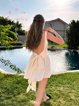 Easysmall aşk limon Ev Kelebek Düğüm Aç Geri kemerli elbise 2023 Yeni Bel İnce Kolsuz Tatil Beyaz Elbise