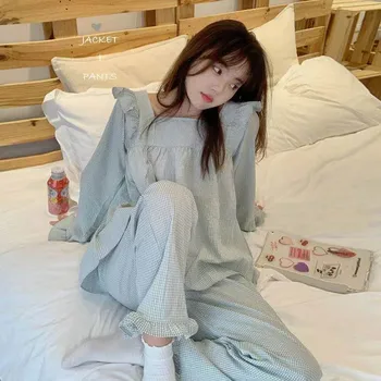 Ekose Pijama Kadın Pijama Setleri Kare Yaka Pantolon Takım Elbise 2 Adet Pijama Fırfır Kore Tarzı Tam Kollu Sonbahar gecelik