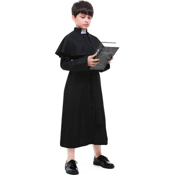 Erkek 3 Adet Rahip Cosplay Kostüm Çocuk Cadılar Bayramı Baba Rahip Elbise Purim süslü elbise Hıristiyan Misyoner Kıyafet