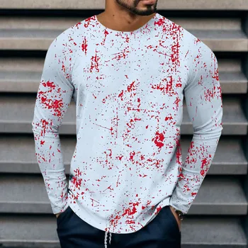Erkek Cadılar Bayramı Kırmızı Nokta baskılı tişört Uzun Kollu Ekip Boyun Üst T Shirt streetwear Sokak Vintage