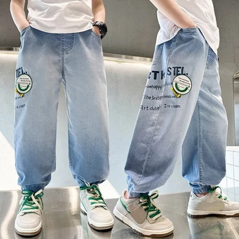 Erkek Gevşek Pantolon Yaz Denim Pantolon Çocuklar için Kore Yürümeye Başlayan Bebek Giysileri Genç Kot Kargo Pantolon 4 5 8 10 12 14 Yıl