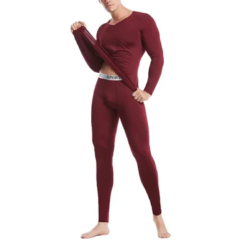 Erkek Slim Fit termal iç çamaşır iç çamaşırı seti Düz Renk V Boyun Uzun Kollu tişört Üstleri ve Elastik Kemer Tayt Kıyafet