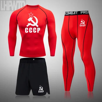 Erkek Spor Koşu Spor Tayt Yeni Hızlı Kuru Spor Egzersiz Seti Vücut Geliştirme T-Shirt CCCP Sıkıştırma Spor Takım Elbise