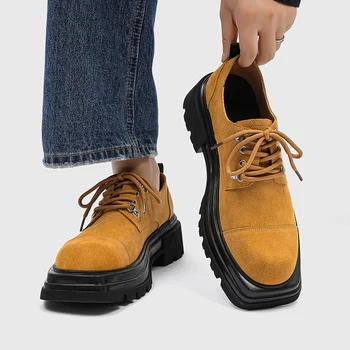 Erkek Yeni Hakiki Deri İş Kalma rahat ayakkabılar Resmi Parti Kalın Topuk Yuvarlak Kafa Ön Bağcık Ayak Bileği Kısa Oxford Ayakkabı