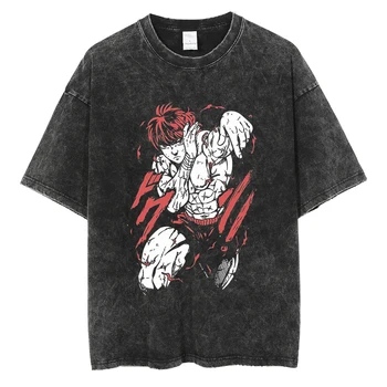 Erkekler japon animesi Streetwear Hip Hop Büyük Boy T Shirt Yıkanmış Siyah T Shirt Pamuk Baki en Grappler Grafik Gömlek Tees Tops