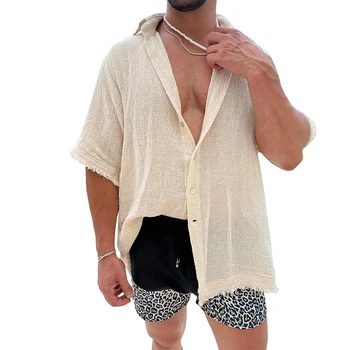 Erkekler Moda Plaj Gömlek Düz Renk Düğme Aşağı Kısa Kollu Tatil Tops Turn-Aşağı Yaka Yaz Rahat Plaj Gömlek
