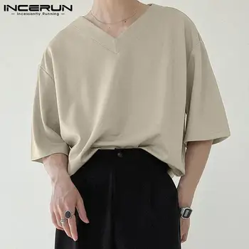 Erkekler Rahat T Shirt Düz Renk V Boyun Kısa Kollu Kore Tarzı Erkek Giyim 2023 Gevşek Streetwear Tee Üstleri S-3XL INCERUN