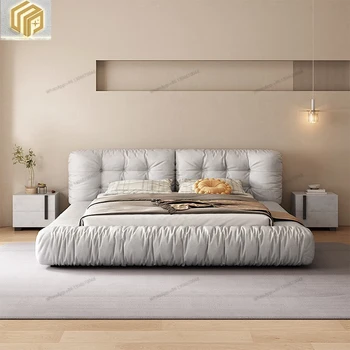 Ev kumaş yatak, modern ve basit döşemeli yatak, mat kumaş büyük yatak odası çift kişilik yatak