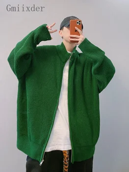 Fermuar Örme Kazak erkek Sonbahar Kış Yüksek Sokak Streetwear Boy Yeşil Moda Standı Yaka Ceket