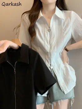 Fermuarlı Gömlek Kadın Vintage Casual Streetwear Yaz Harajuku Estetik Basit Tüm Maç Kore Tarzı Kadın İş Elbisesi 2023