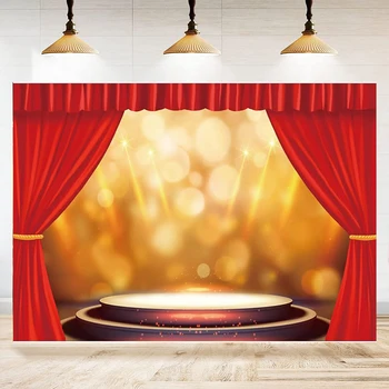 Fotoğraf arka plan tiyatro sahne kırmızı perdeler altın sahne ışıkları festivali kutlama düğün doğum günü Afiş afiş