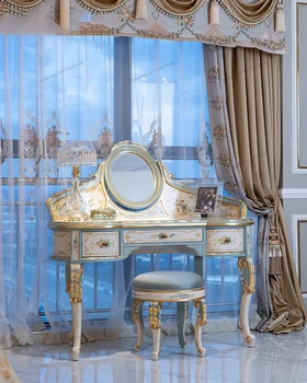 Fransız Saray Zarif katı ahşap Altın Folyo Boyama, Renkli Boyama, Pirinç Beyaz, Açık Mavi Tuvalet Masası, Yatak Odası